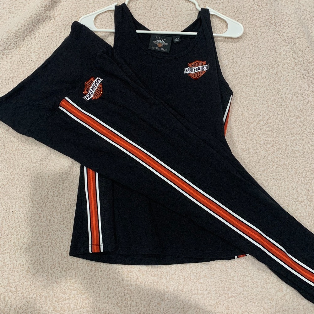 Harley Davidson matching tank and legging, rhinestone embellished bar and shield